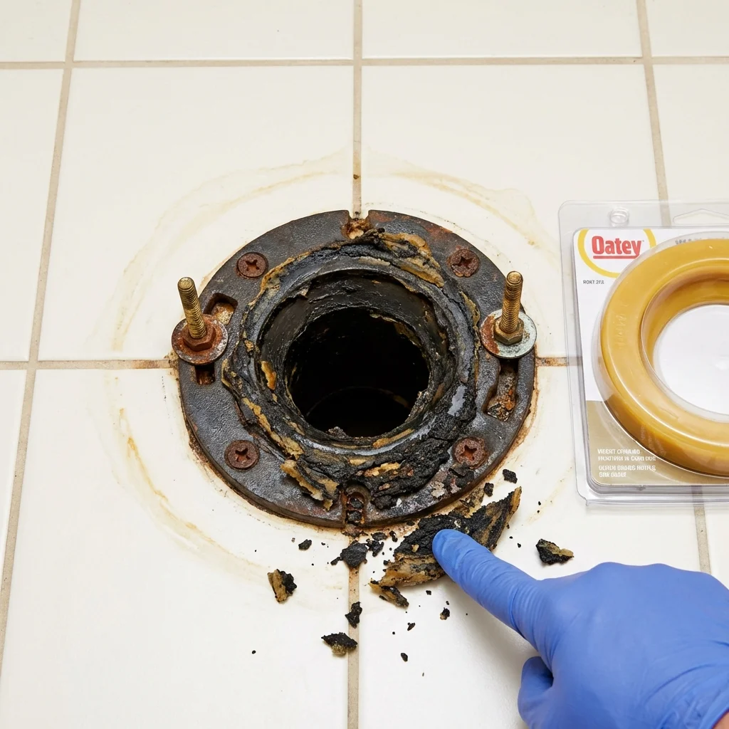Failed wax ring showing water seepage at the base of a toilet in a Clearwater, FL home
